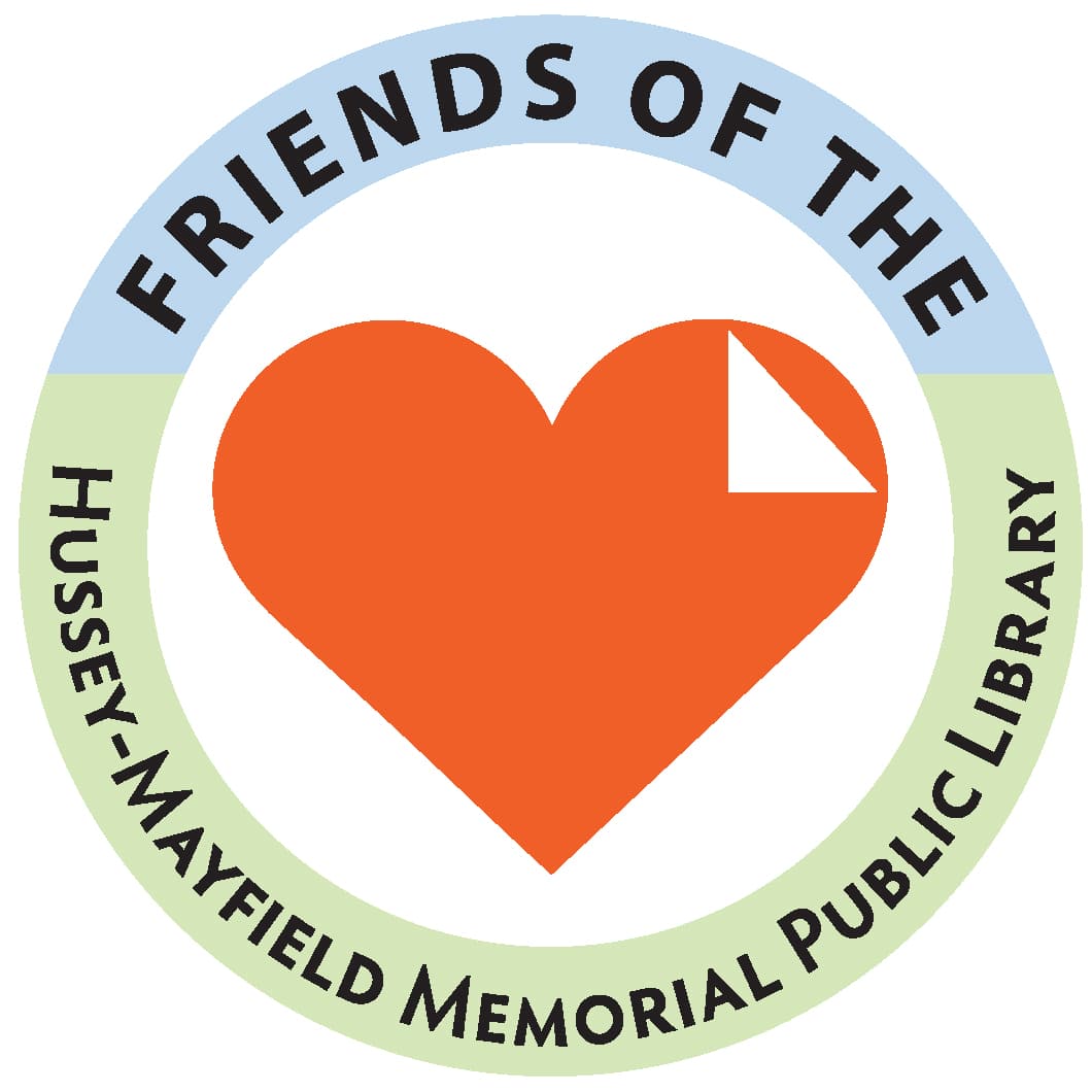 An orange heart in the middle of a blue and green circle that says Friends of the Hussey-Mayfield Memorial Public Library