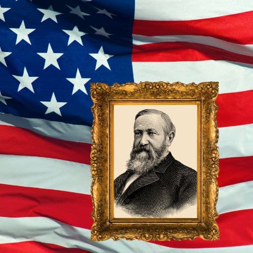 Graphic with President Harrison and the US flag