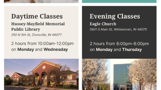 Daytime Classes Evening Classes ENGLISH LANGUAGE CLASSES FOR ADULTS Hussey-Mayfield Memorial Public Library 250 N 5th St, Zionsville, IN 46077 2 hours from 10:00am-12:00pm on Monday and Wednesday Eagle Church 5801 S Main St, Whitestown, IN 46075 2 hours from 6:00pm-8:00pm on Monday and Thursday