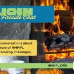 Graphic for a fireside chat with a fireplace and event logo