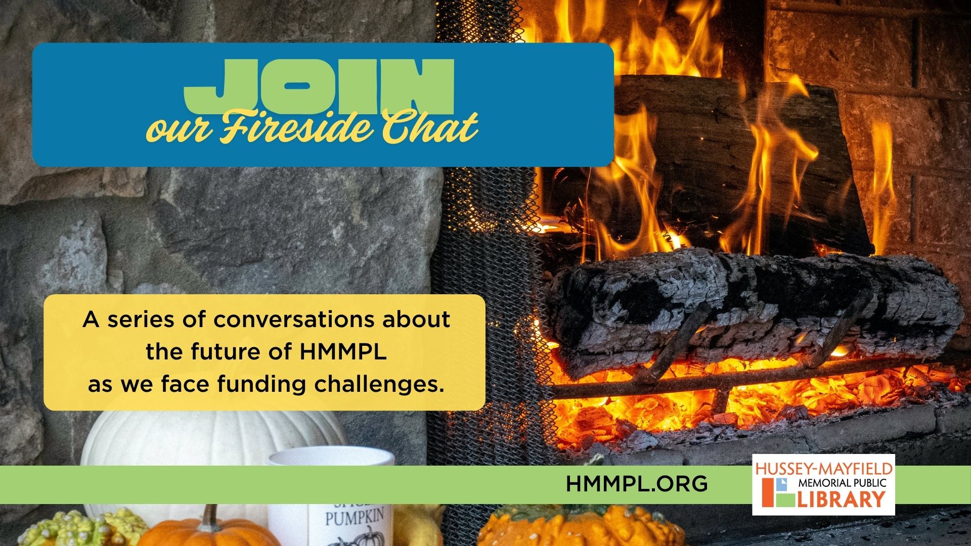 Graphic for a fireside chat with a fireplace and event logo