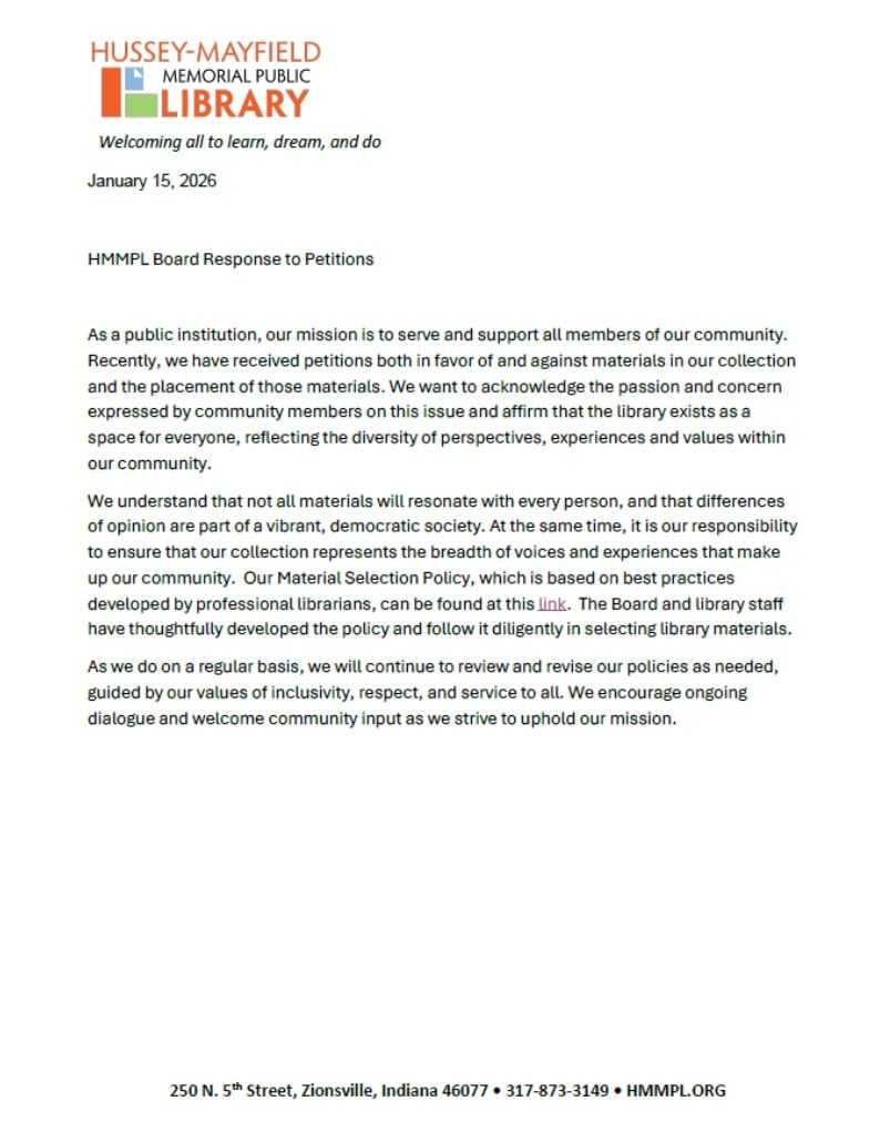 Photo of the library board response to petitions submitted at November meeting.